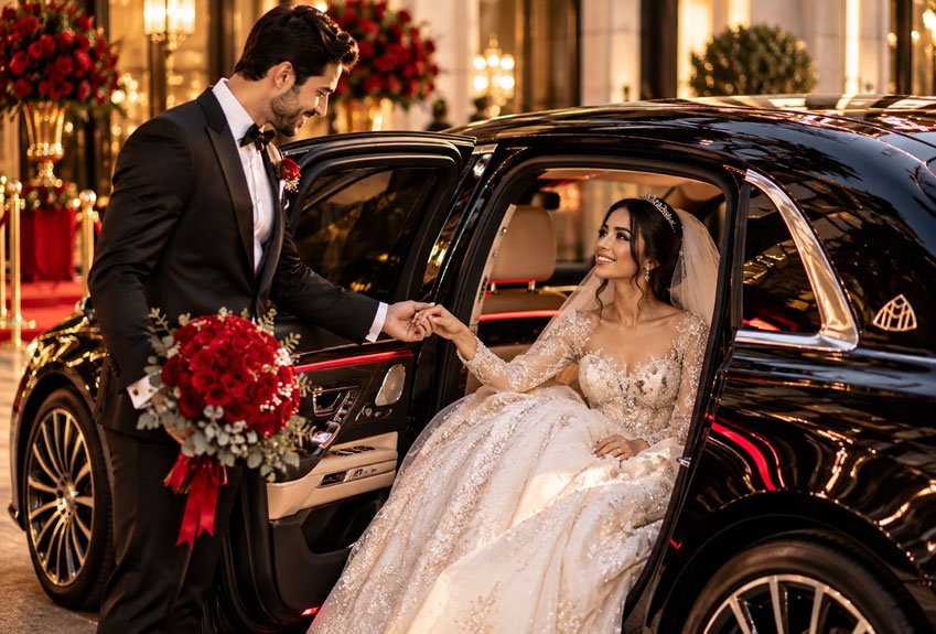 Luxury-Wedding-Arrival-in-Black-Sedan